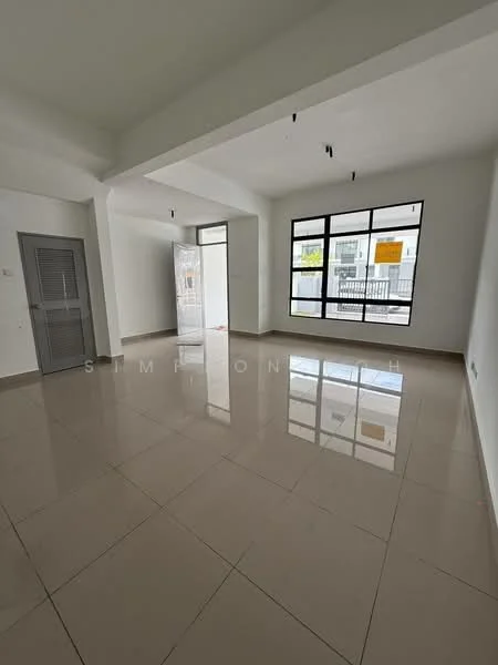Room features: white painted walls, polished ceramic tile flooring, large windows, double door entry, high ceiling, recessed lighting, no visible furniture, open layout; style: modern.