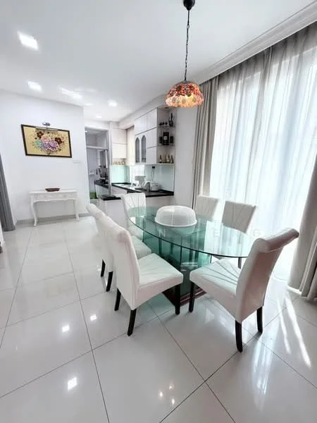 Dining features: glass dining table, 6 upholstered dining chairs in white, chandelier with stained glass, white painted walls, large floor-to-ceiling windows with sheer curtains, polished ceramic tile flooring, decorative artwork on wall, built-in cabinetry in background; style: modern.
