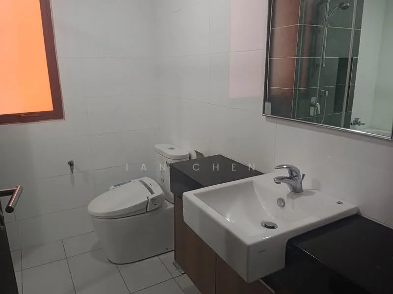 Bathroom features: white tiled walls, grey tiled flooring, single-sink vanity with black countertop, chrome basin mixer faucet, framed mirror, one-piece toilet, shower with glass enclosure, shower head, window with orange tint; style: modern.