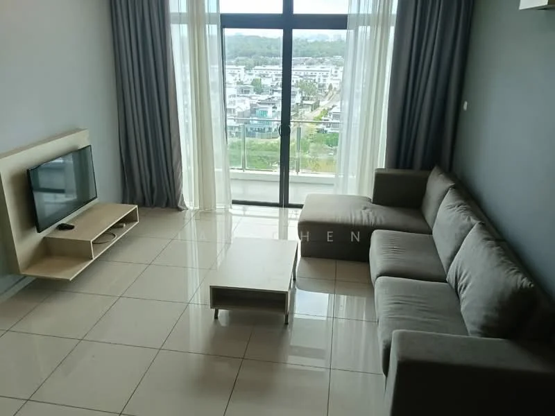 Living features: grey fabric L-shape sectional sofa, light wood coffee table, wall-mounted TV, floor-to-ceiling windows, sheer curtains, glossy tile flooring, neutral painted walls, city view; style: modern; view: city.