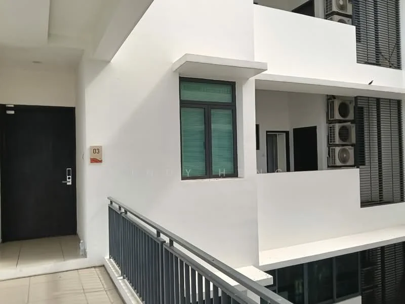 Exterior features: white painted facade, balcony with railing, floor-to-ceiling windows, air conditioning units visible, main entrance door, numbered unit plaque; style: modern.