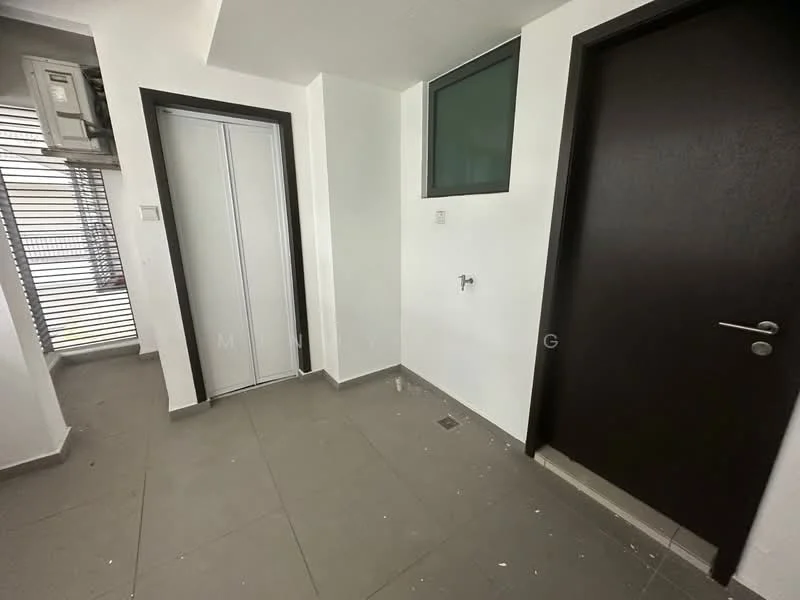 Room features: grey tile flooring, white painted walls, single window, sliding door, wall-mounted split AC, door with modern handle, floor drain, corner wall; style: modern.