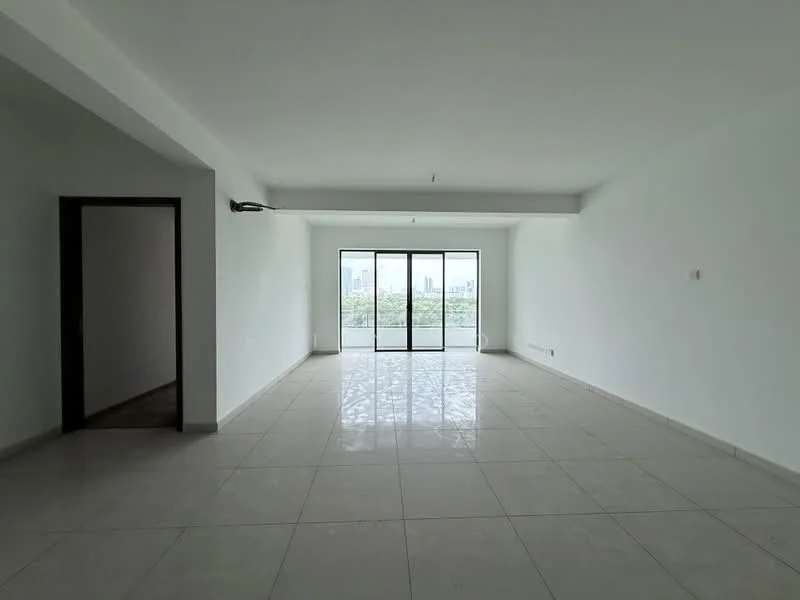 Living features: white painted walls, polished ceramic tile flooring, floor-to-ceiling windows, sliding glass door, recessed downlights, neutral ceiling, open layout, city view; style: modern; view: city.