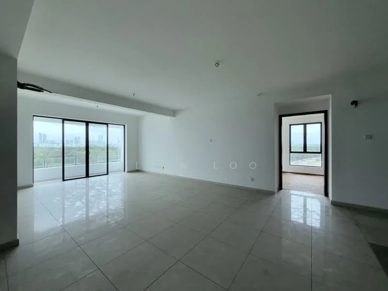 Living features: white painted walls, glossy tile flooring, floor-to-ceiling windows, sliding glass door, natural light, open layout, no visible furniture, neutral color scheme; style: modern; view: city. Room features: white painted walls, glossy tile flooring, doorway leading to another room, natural light.