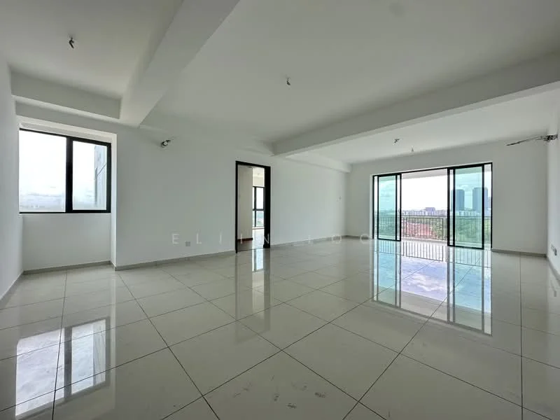 Room features: white painted walls, polished ceramic tile flooring, tray ceiling, floor-to-ceiling windows, sliding glass door, natural light from multiple windows, open layout, city view; style: modern; view: city.