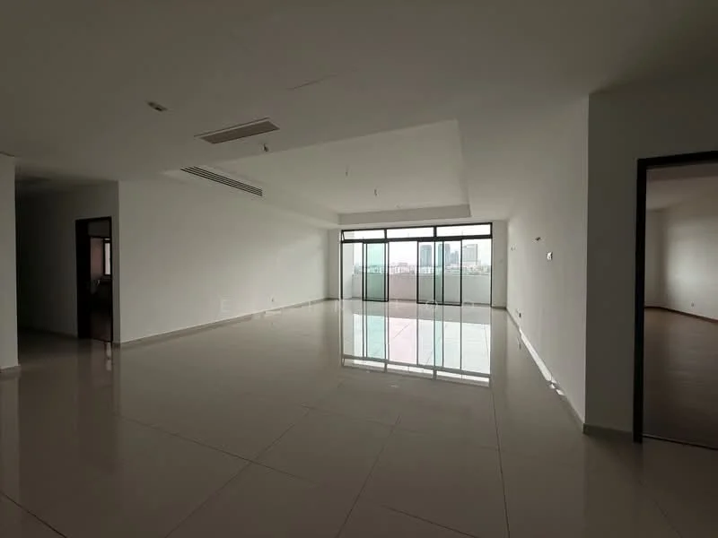Room features: white painted walls, polished ceramic tile flooring, floor-to-ceiling windows, sliding glass door, recessed downlights, open layout, high ceiling, natural light from windows; style: modern; view: city.