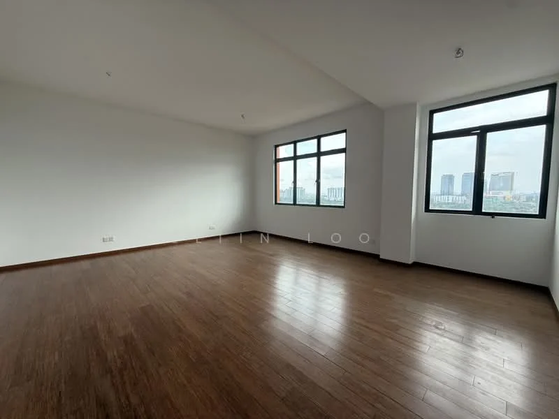Room features: wooden flooring, white painted walls, floor-to-ceiling windows, city view, natural light, high ceiling, no visible furniture, neutral color scheme; style: modern; view: city.