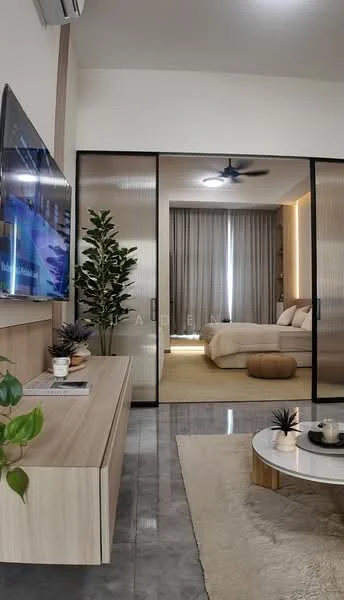 Living features: wall-mounted TV, light wood TV console, decorative plants, round coffee table, area rug, sofa, floor-to-ceiling windows with sheer curtains, ceiling fan; style: modern. Bedroom features: king-size bed, upholstered headboard, bedside lamps, built-in wardrobe, floor-to-ceiling windows with curtains, neutral bedding, decorative wall lighting; style: modern.