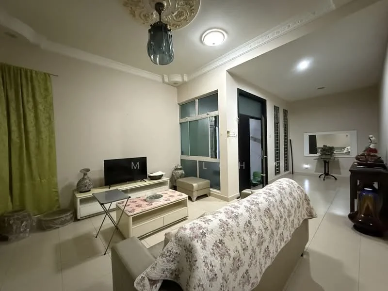 Living features: cream painted walls, white ceiling with crown moulding, recessed downlights, 3-seater fabric sofa in beige, coffee table, wall-mounted TV, TV console, decorative mirror, area rug with floral pattern, green sheer curtains, floor-to-ceiling windows, sliding glass door, potted plant; style: modern.