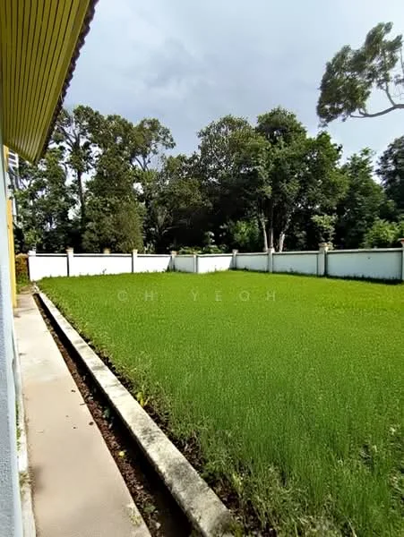 Exterior features: manicured lawn, surrounded by greenery, white perimeter wall, concrete pathway, tall trees in background, clear sky.