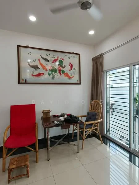 Living features: white painted walls, glossy tile flooring, ceiling fan, large window with horizontal slats, curtains, framed artwork on wall, wooden chair, red upholstered chair, wooden table, decorative items on table, bamboo chair, indoor plants; style: modern.