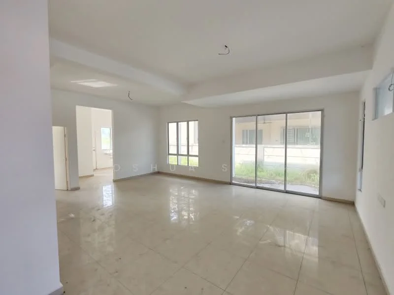 Living features: white painted walls, polished ceramic tile flooring, tray ceiling, floor-to-ceiling windows, sliding glass door, natural light, open layout, neutral color scheme; style: modern; view: garden.