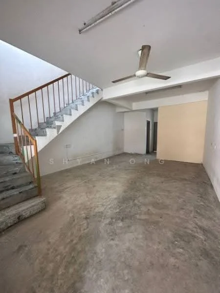 Room features: concrete flooring, white painted walls, ceiling fan, staircase with metal railing, open layout, natural light from upper level, unfinished space, no visible fixtures or furniture; style: minimalist.
