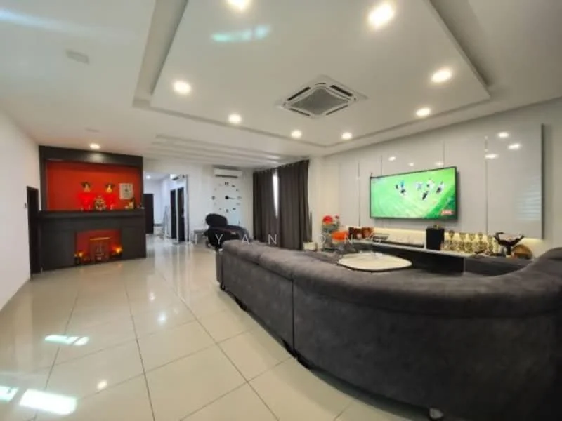 Living features: grey L-shape sectional sofa, white coffee table, wall-mounted TV, recessed LED downlights, cream tiled flooring, white painted walls, dark feature wall with decorative elements, floor-to-ceiling curtains, air conditioning unit; style: modern.
