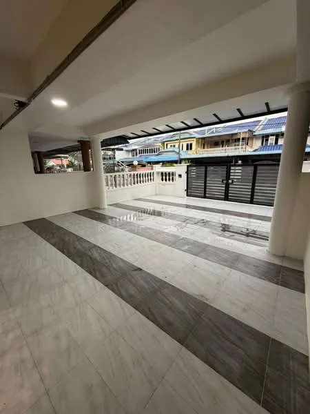 Room features: marble flooring with grey and white stripes, high ceiling, large sliding glass doors, balustrade railing, overhead lighting, open layout, exposed beams, natural light from outside; style: modern; view: street.