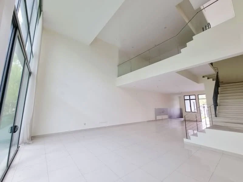 Living features: large floor-to-ceiling windows, white painted walls, high ceiling, marble tile flooring, open layout, staircase with metal railing, natural light, neutral color palette; style: modern; view: garden.