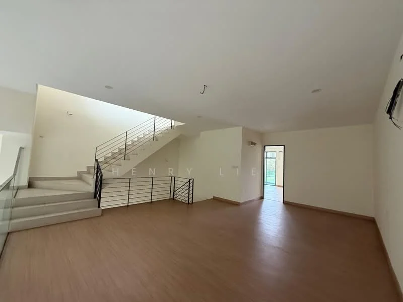 Room features: wooden flooring, white painted walls, recessed downlights, staircase with metal railing, large windows, door leading to outdoor area, open layout, high ceiling; style: modern; view: garden.
