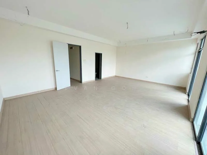 Room features: light wood flooring, white painted walls, large floor-to-ceiling windows, two doors leading to other rooms, no visible ceiling fixtures, minimalist design, natural light from windows, empty space; style: minimalist.