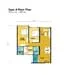 Floor plan: 2-bedroom 1-bathroom unit; features: open-plan kitchen-dining-living, master bedroom with window, bedroom 2 with window, shared bathroom, utility room, balcony off living room, central foyer.