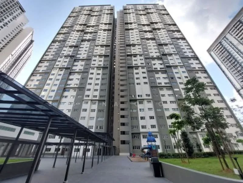 Exterior type: high-rise condominium; features: grey and white painted facade, glass curtain wall, approximately 20-storey high-rise, manicured lawn, playground equipment visible, covered walkway, surrounded by mature greenery; style: modern.