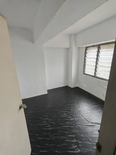 Room features: white painted walls, black vinyl flooring, sliding windows, corner room, exposed ceiling, door leading to hallway.
