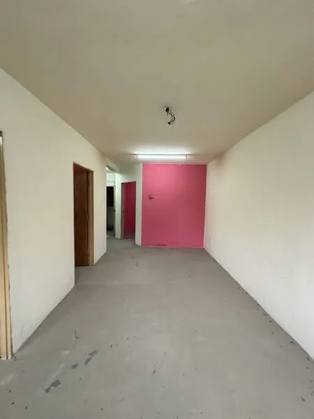 Room features: plain white walls, pink accent wall, concrete flooring, fluorescent ceiling light, doorway leading to another room, doorway leading to a hallway.