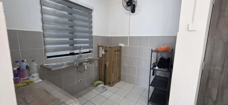 Laundry features: single-bowl stainless-steel sink, chrome faucet, grey tiled walls, white tiled flooring, window with horizontal blinds, metal shelving unit, cardboard boxes, bottled water, cleaning supplies.