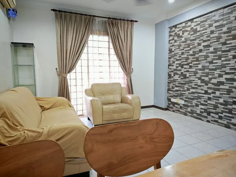 Living features: beige fabric sofa, cream leather armchair, textured feature wall with stone cladding, white painted walls, tiled flooring, curtains in light brown, large window with grid pattern, ceiling fan; style: modern.