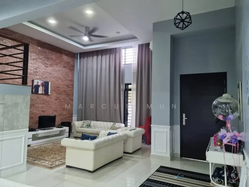 Living features: white leather 3-seater sofa, white leather 2-seater sofa, area rug with geometric pattern, wall-mounted TV, TV console, exposed brick accent wall, cream painted walls, large floor-to-ceiling windows with sheer curtains, ceiling fan with light, recessed downlights, decorative wall mirror, decorative plants in ceramic pots; style: modern.