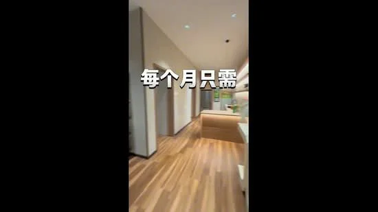 Room features: wooden flooring, recessed downlights, neutral wall colour, open layout, modern cabinetry, kitchen island, wall-mounted shelves, doorways leading to other rooms; style: modern.
