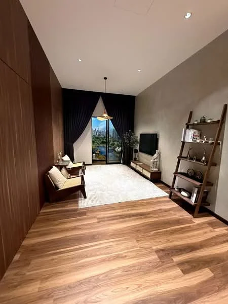 Living features: wooden flooring, grey accent wall, dark wood paneling, floor-to-ceiling windows, sheer curtains, chandelier, wall-mounted TV, decorative shelving unit, decorative plants, area rug, sofa with cushions, coffee table; style: modern; view: garden.