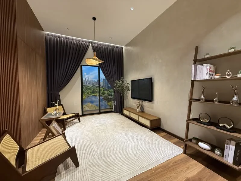 Living features: wooden flooring, cream painted walls, floor-to-ceiling windows, dark grey curtains, wooden accent wall, modern pendant light, wall-mounted TV, light wood TV console, open shelving unit, decorative vases, area rug with geometric pattern, two rattan chairs, small side table; style: modern; view: city.