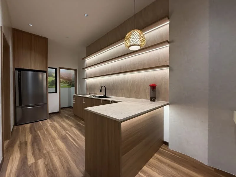 Kitchen features: wood cabinetry, light wood finish, stone countertop, single-bowl stainless-steel sink, chrome pull-down faucet, built-in refrigerator, recessed lighting, decorative pendant light, open shelving, wooden flooring, grey accent wall; style: modern.