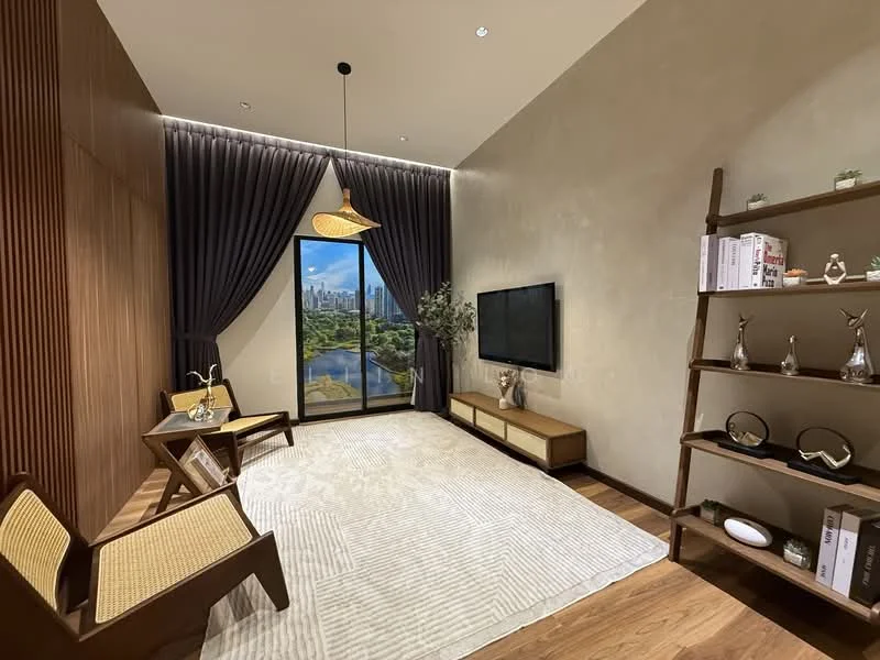 Living features: wooden flooring, cream painted walls, dark wood accent wall, floor-to-ceiling windows, sheer curtains, recessed LED downlights, pendant light, TV console, wall-mounted TV, decorative shelving unit, area rug with geometric pattern, 2 cane chairs, coffee table; style: modern; view: city.