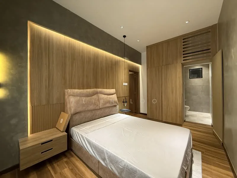 Bedroom features: king-size bed with upholstered headboard, wooden bedside table with drawers, recessed LED downlights, wood panel accent wall, grey painted walls, wooden flooring, built-in wardrobe with sliding doors, wall-mounted mirror, decorative pendant light; style: modern.