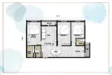 Floor plan: 2-bedroom 1-bathroom unit; features: open-plan kitchen-dining-living, master bedroom with ensuite bathroom, bedroom 2 with shared bathroom, utility room, central foyer, 1 car porch.