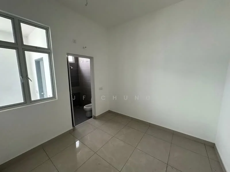 Room features: white painted walls, tile flooring, single window, doorway leading to bathroom, neutral color scheme, no visible furniture, minimalist design, bright natural light; style: minimalist.