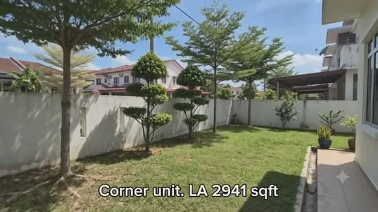 Exterior type: detached bungalow; features: manicured lawn, landscaped garden with shrubs, fenced yard, corner unit, paved walkway, mature trees, planter with plants, clear blue sky; style: modern.