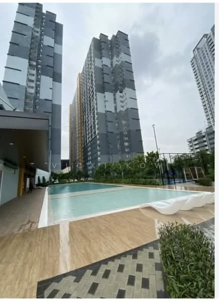 Exterior type: high-rise condominium; features: swimming pool, pool deck with loungers, landscaped garden, modern glass facade, tall residential towers, manicured lawn, paved walkway, surrounded by greenery; style: modern.