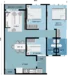 Floor plan: 2-bedroom 1-bathroom unit; features: open-plan kitchen-dining-living, master bedroom with ensuite bathroom, bedroom 2 with shared bathroom, balcony off living room, utility room, laundry area, central foyer.