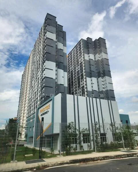 Exterior type: high-rise condominium; features: grey and white painted facade, glass curtain wall, approximately 20-storey high-rise, recessed balconies, feature lighting at night, manicured landscaping, surrounded by greenery, modern architectural design; style: modern.