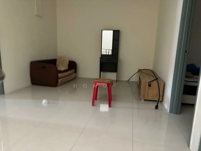 Room features: white painted walls, glossy tile flooring, brown fabric sofa, wooden console table, black dressing table with mirror, red plastic stool, minimalist decor; style: modern.