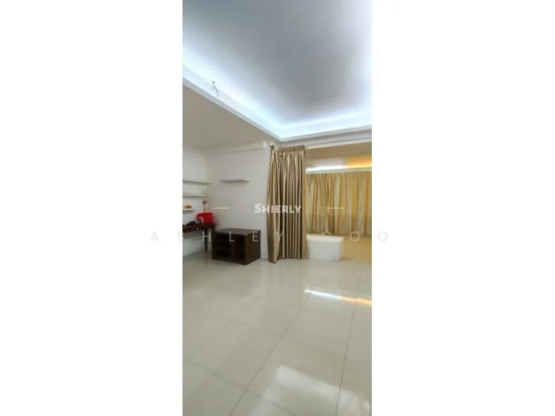 Room features: white painted walls, glossy tile flooring, recessed ceiling lights, curtains in beige, built-in shelving, small red appliance on shelf, bathtub, open space layout; style: modern.