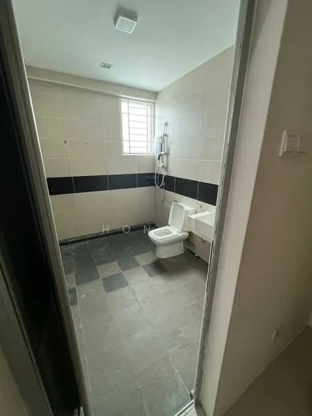 Bathroom features: white toilet, single-sink vanity with cabinet, shower with wall-mounted showerhead, black and white tile flooring, light grey wall tiles, window for natural light, ceiling light fixture, mirror above vanity; style: modern.