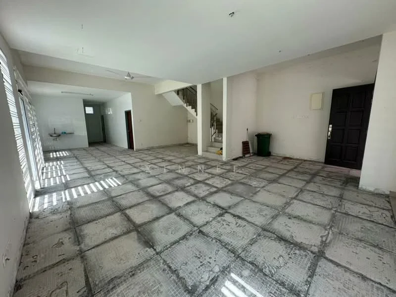 Room features: white painted walls, concrete flooring, ceiling fan, staircase, large windows, doorway, green trash bin, light from windows creating shadows; style: minimalist.