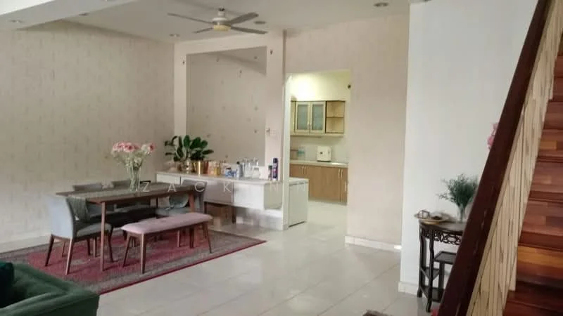 Living features: white painted walls, cream tiled flooring, 5-blade ceiling fan with light, dining table with 6 chairs, area rug with geometric pattern, green fabric sofa, decorative plants in ceramic pots, wall-mounted decor, open layout to kitchen, natural light from windows; style: modern. Kitchen features: white cabinetry, countertop with space for appliances, built-in oven, freestanding refrigerator, sink, tile backsplash, open layout to living area; style: modern.