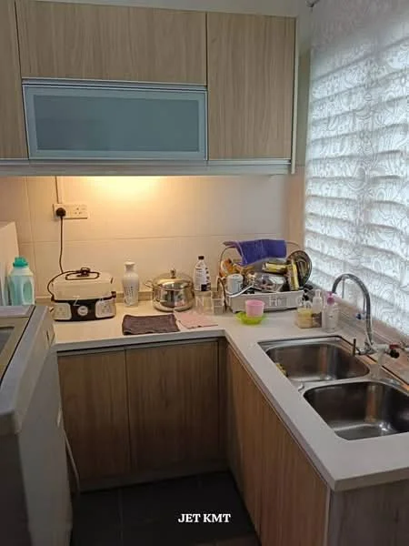 Kitchen features: double-bowl stainless-steel sink, chrome pull-down faucet, white countertop, wood cabinetry, glass upper cabinet, ceramic tile backsplash, built-in stove, kitchen appliances, window with sheer curtains, grey flooring; style: modern.