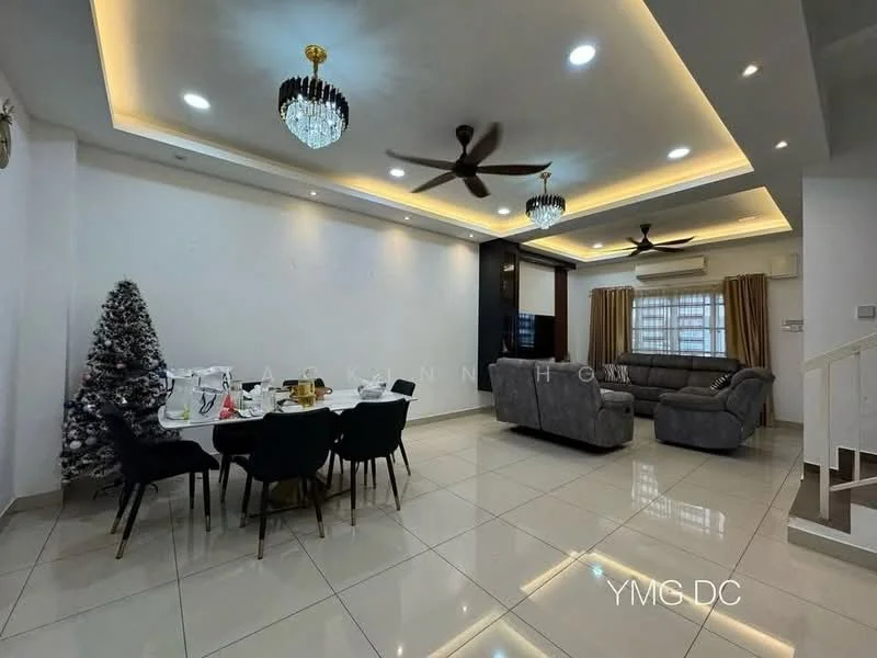 Living features: white painted walls, tray ceiling with recessed lighting, 2 ceiling fans, chandelier, large windows with sheer curtains, grey fabric sectional sofa, black dining table with 6 chairs, decorative Christmas tree, tile flooring, TV console, wall-mounted TV, curtains in beige, area rug; style: modern.