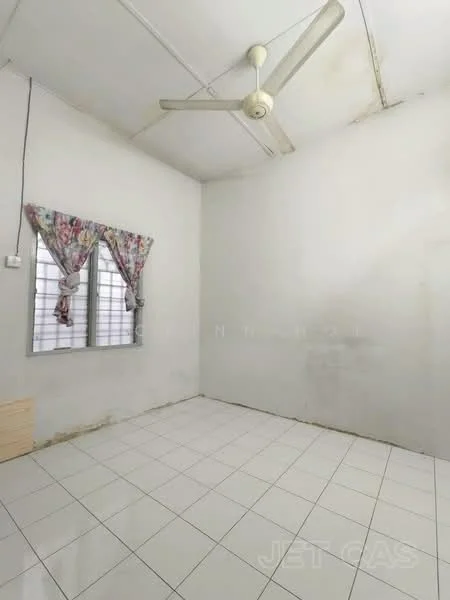 Room features: white painted walls, ceiling with exposed beams, white tiled flooring, 2 casement windows with floral curtains, 1 ceiling fan.