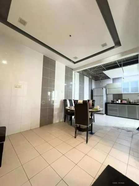 Dining features: white painted walls, grey accent wall, tile flooring, dining table with chairs, recessed downlights, ceiling with design, open kitchen layout, kitchen cabinetry, kitchen countertop, window with natural light; style: modern.